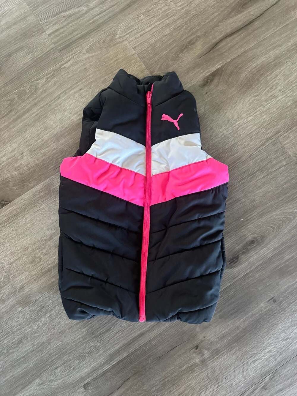 Puma Puffer Vest Girls XXS 3/4 Black White Pink Full Zip Quilted Mock Neck
